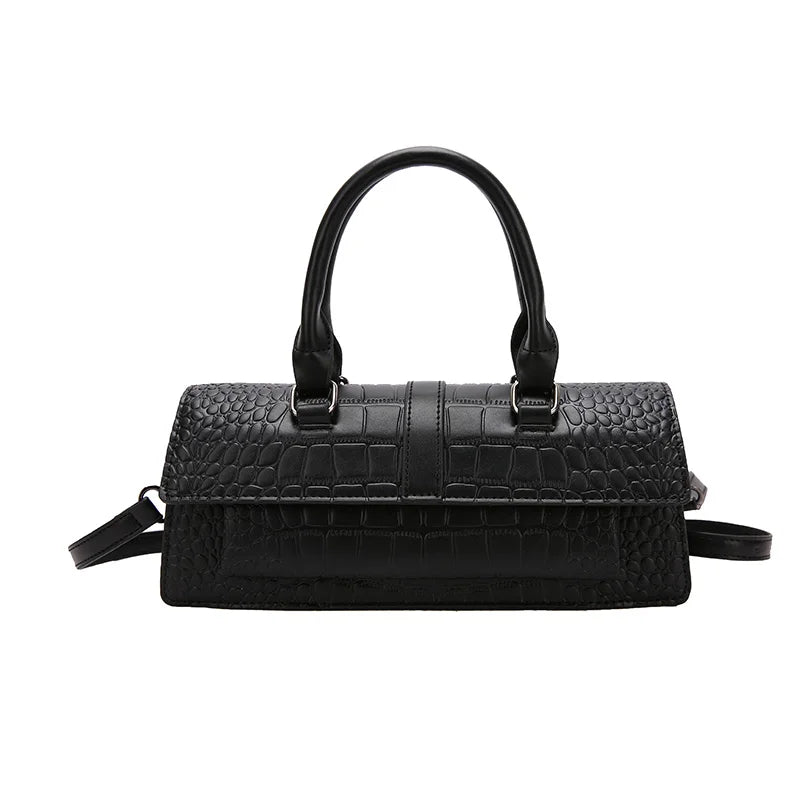 Sac baguette noir effet croco 28 cm avec anses et bandoulière, style élégant et urbain pour femme
