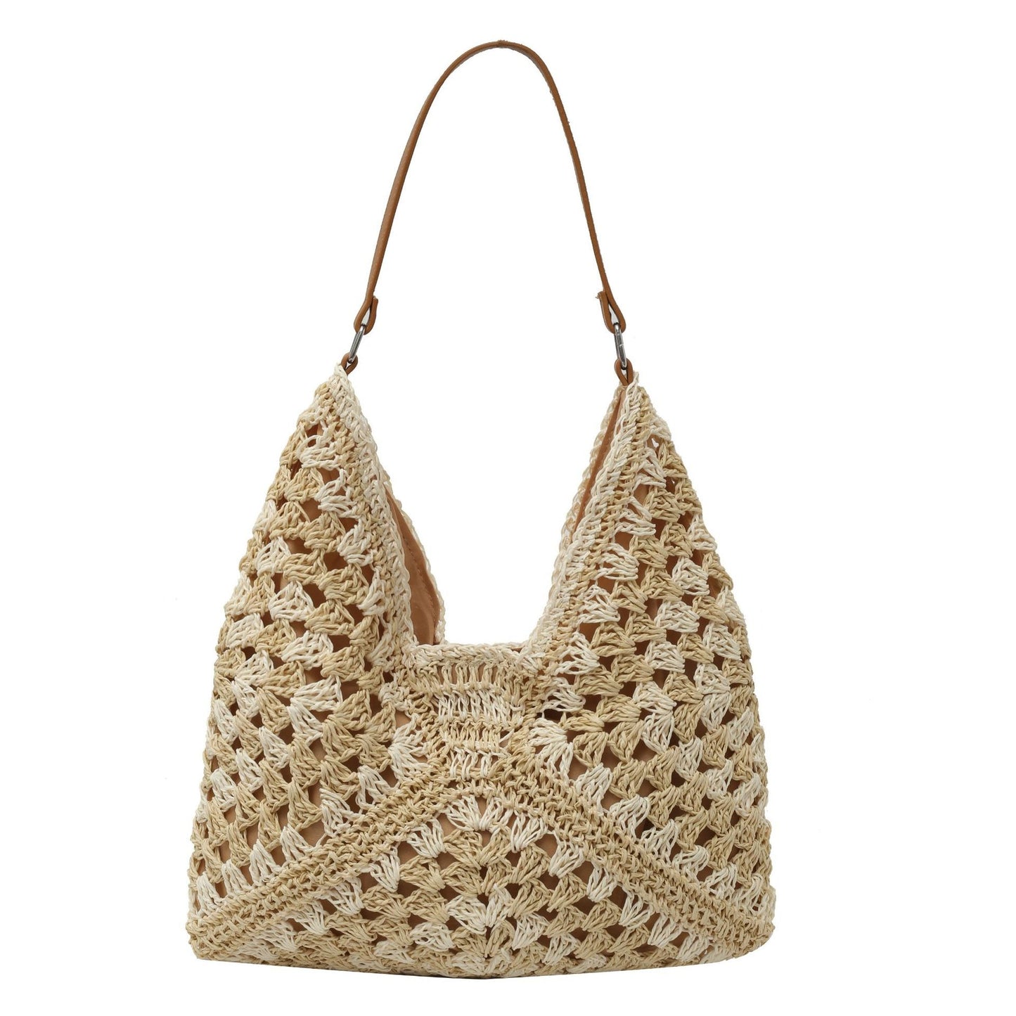 Grand sac en raphia tissé noir et naturel, style bohème chic porté à l’épaule – format 34x35 cm