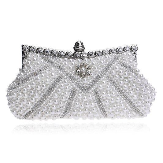 Sac de soirée en perle blanche orné de strass avec fermoir bijou, format rigide, idéal pour mariage ou gala