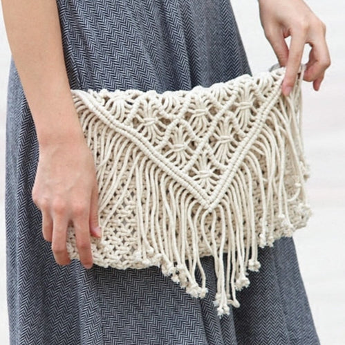 Pochette en crochet bohème avec franges, sac d’été pour femme