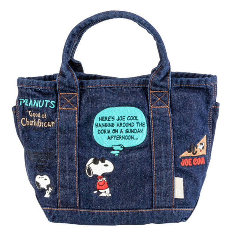 Deux sacs à main en jeans illustrés Snoopy, design Peanuts rétro, format 33x23x14 cm, en denim bleu clair et foncé