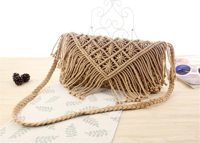 Pochette en crochet bohème avec franges, sac d’été pour femme
