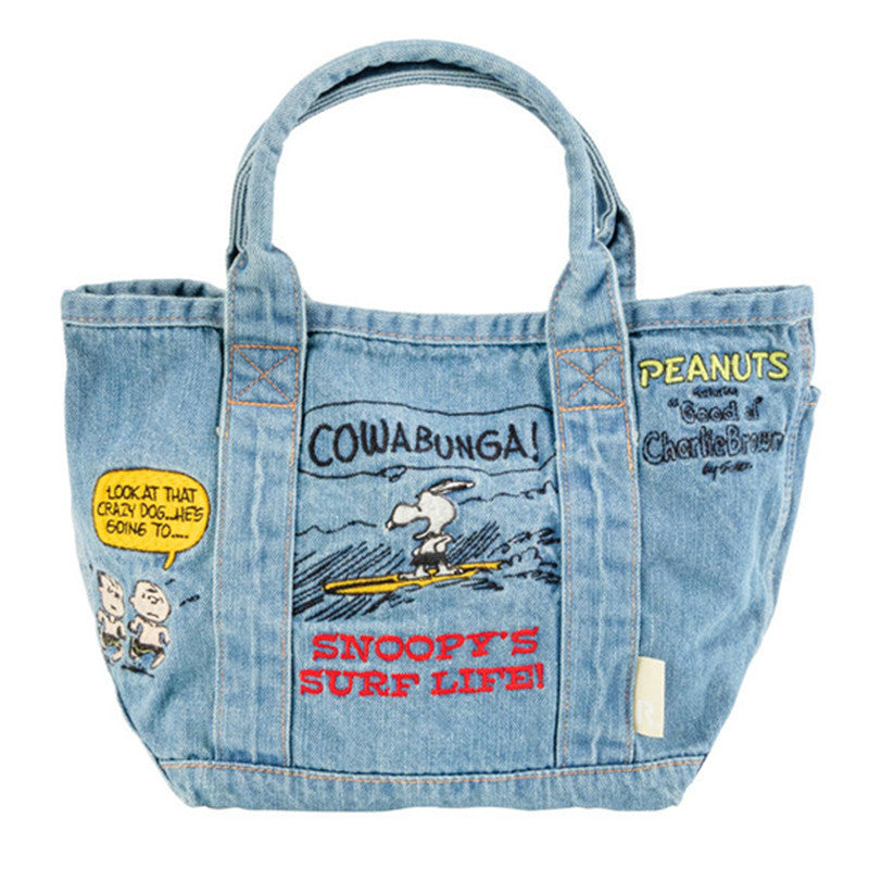 Deux sacs à main en jeans illustrés Snoopy, design Peanuts rétro, format 33x23x14 cm, en denim bleu clair et foncé