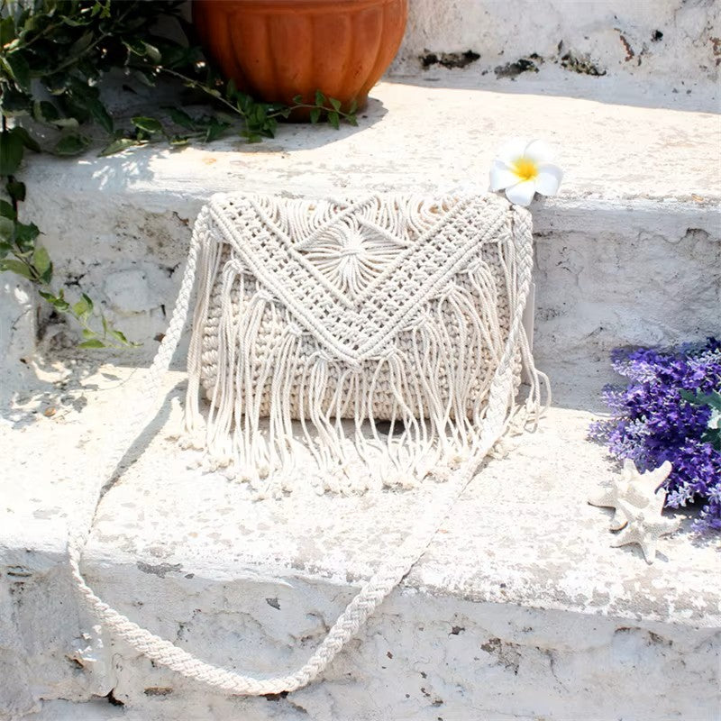 Pochette en crochet bohème avec franges, sac d’été pour femme