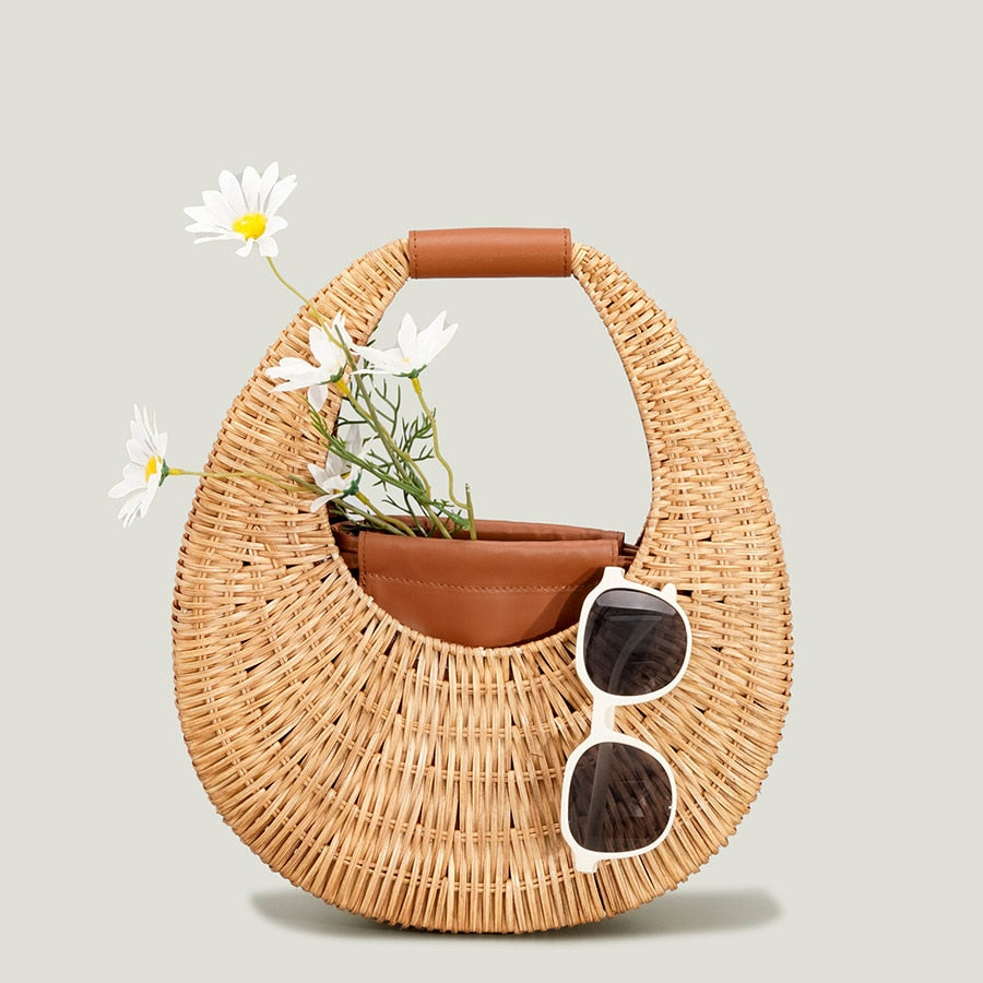 Sac en paille cuir marron tendance
