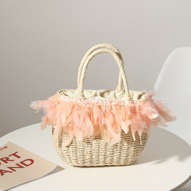 Sac de plage avec plumes beige rose