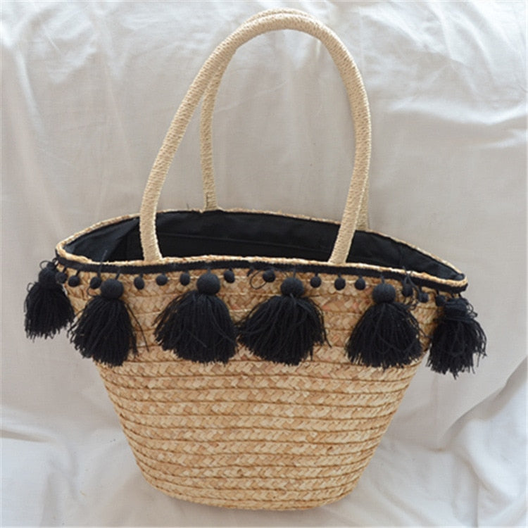 Sac de plage pompom noir