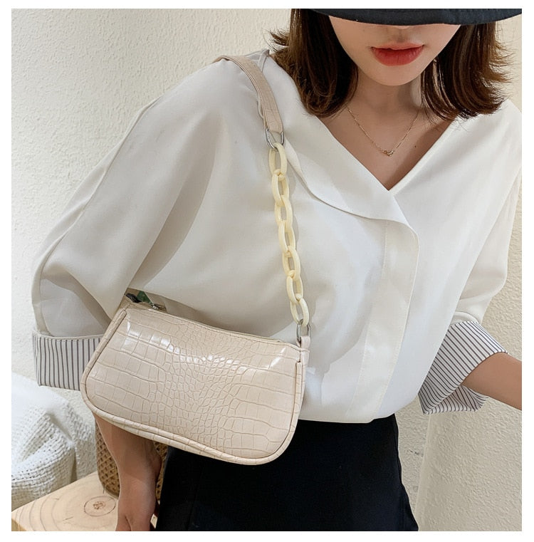 Sac cuir effet croco beige chic