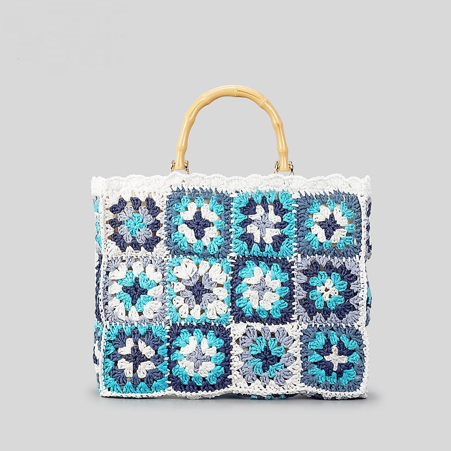 Sac à main en crochet floral bleu