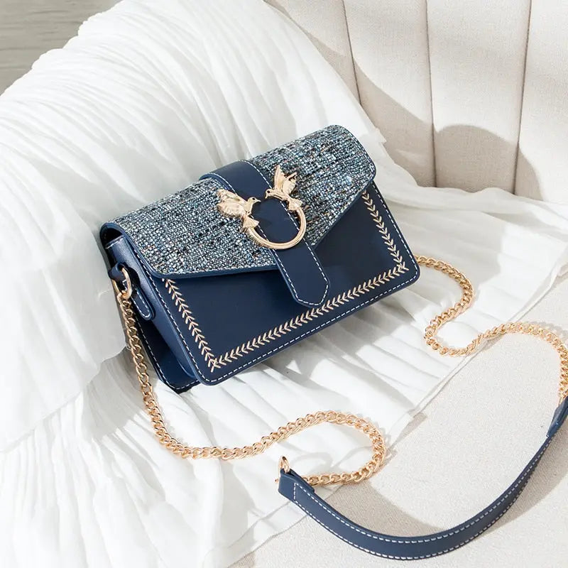 Sac Bandoulière Dorée Motif Colombe bleu