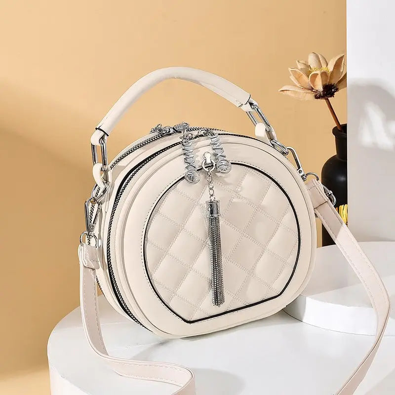 Sac Rond en Cuir à Bandoulière Femme beige
