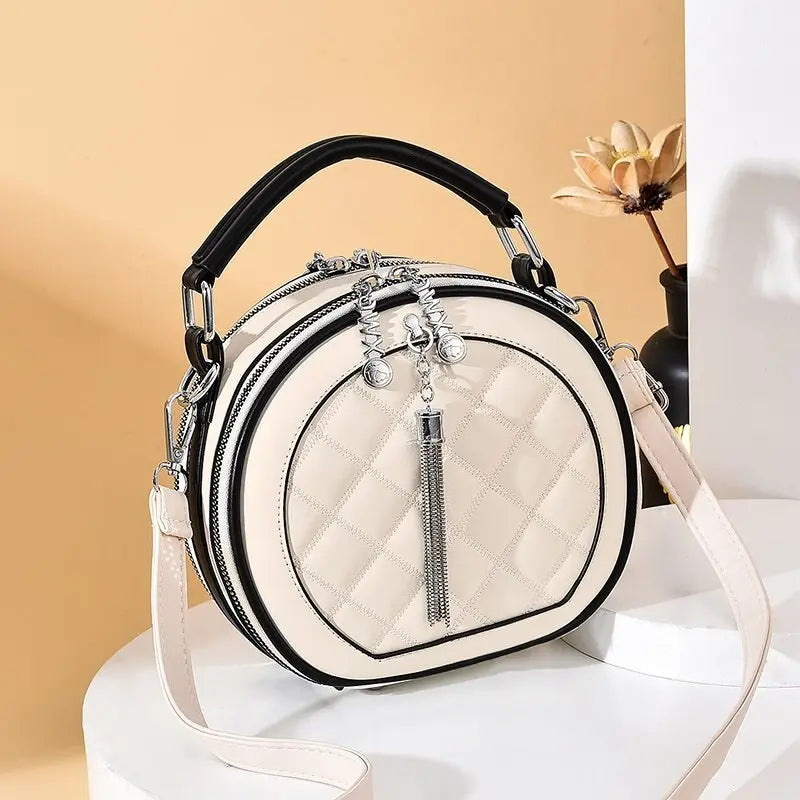 Sac Rond en Cuir à Bandoulière Femme beige noir