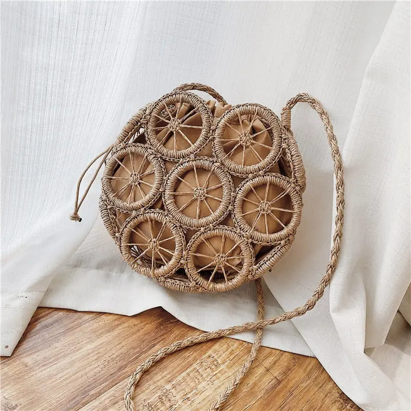 Sac à Main Rond à Bandoulière en Paille marron