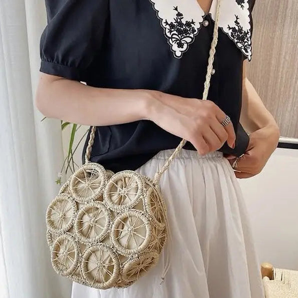 Sac à Main Rond à Bandoulière en Paille cross body