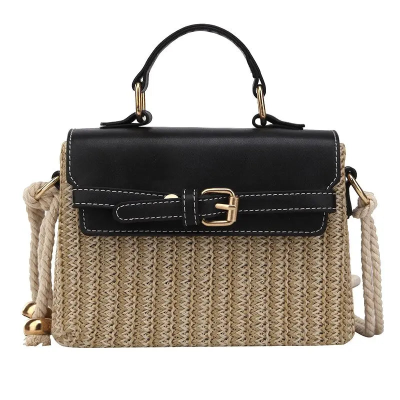 Sac en Paille Fermeture Cuir noir