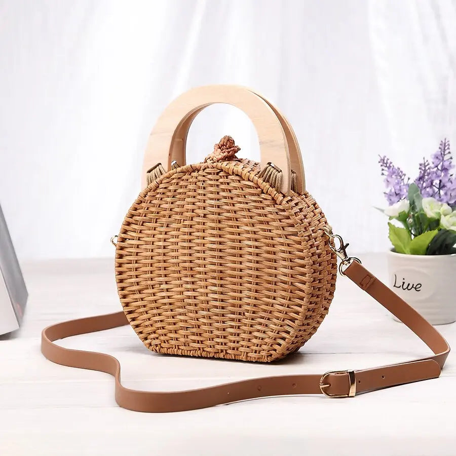 Sac rond en Paille Anse en Bois chic