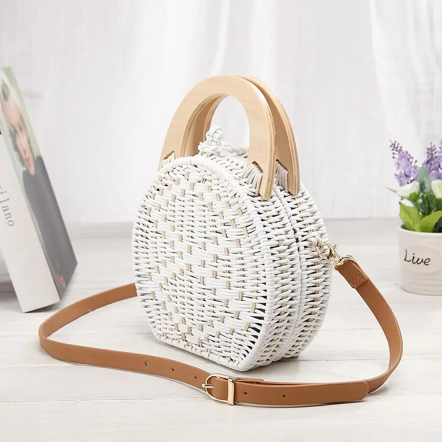 Sac rond en Paille Anse en Bois blanc