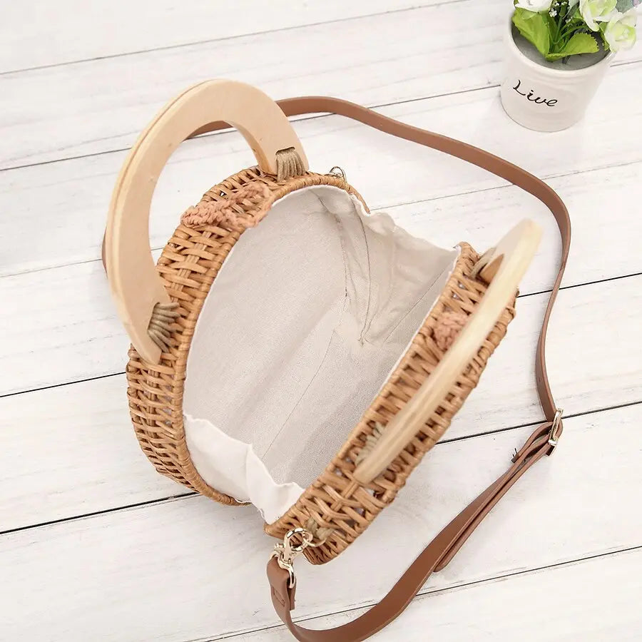 Sac rond en Paille Anse en Bois haute qualité