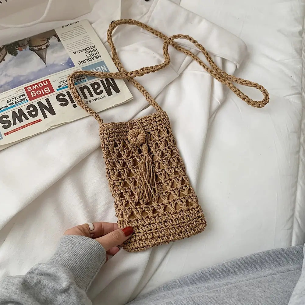 Sacoche Raphia pour téléphone marron