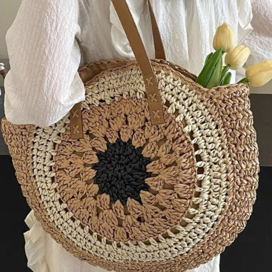 Sac d'été rond style crochet en raphia 