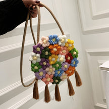 Sac à main en crochet motif fleurs brun