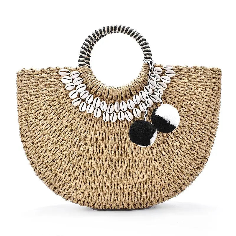 Sac Rond en Paille Anse en Cercle brun