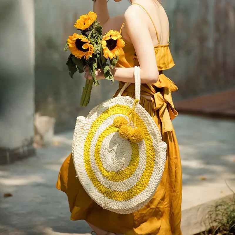 Sac Rond Paille Jaune tendance