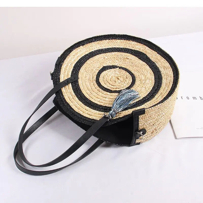 Sac Rond Paille à Pompon Cuir