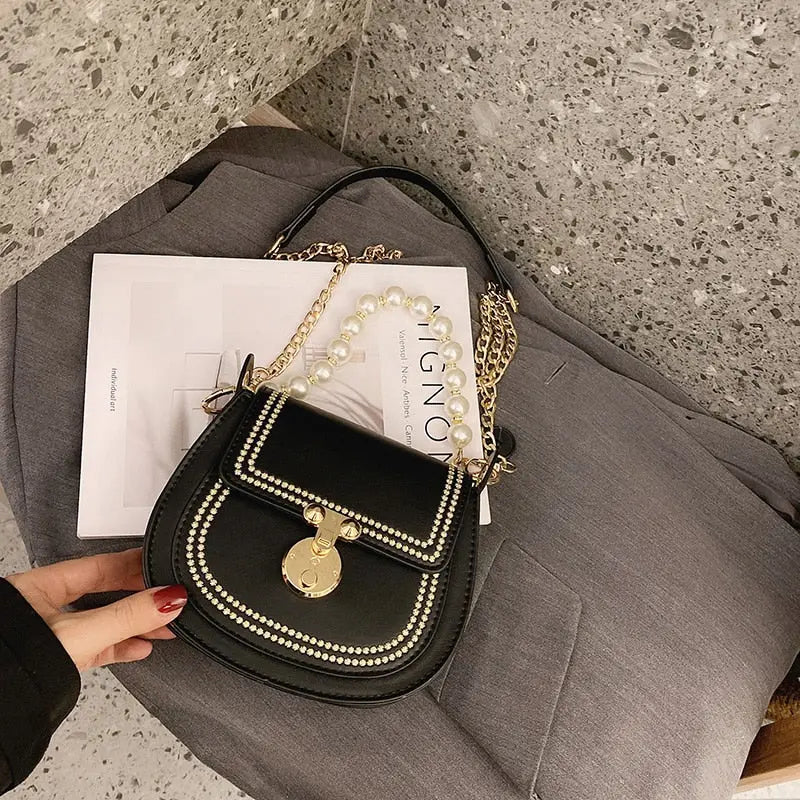 Sac Rond Cuir Fin Perle noir