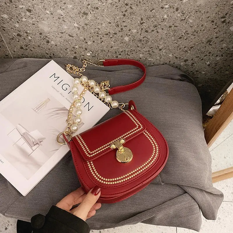 Sac Rond Cuir Fin Perle rouge