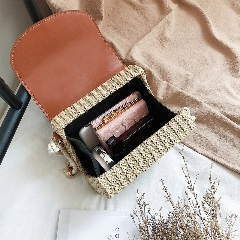 Sac en Paille Fermeture Cuir chic