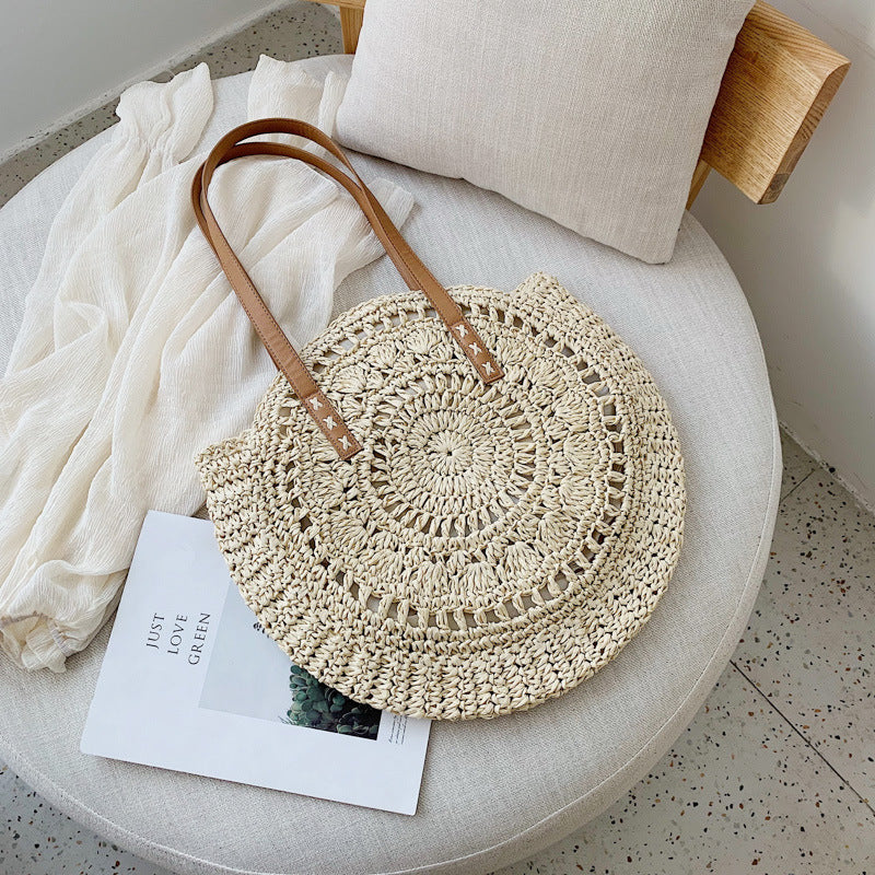sac rond en paille grand taille beige